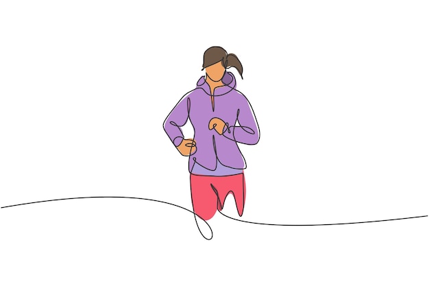 Один сплошной рисунок молодой спортивной бегуньи, расслабляющейся, бегущей по сельской местности. Вектор дизайна