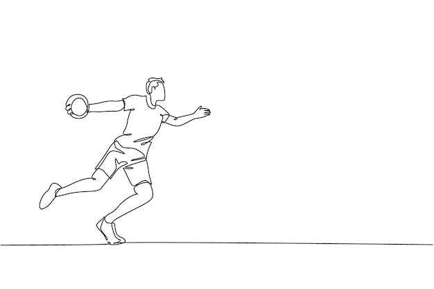 One continuous line drawing of young sporty woman exercise to throw discus on the ground field Athletic games Olympic sport concept Dynamic single line draw design vector graphic illustration