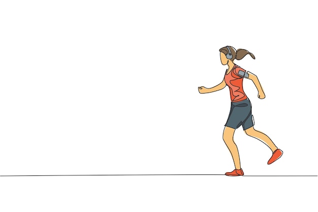 Vector one continuous line drawing young sporty woman runner run relax while listening music design vector