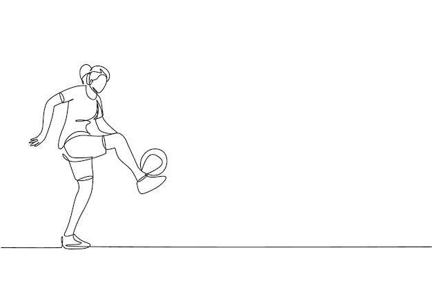 One continuous line drawing of young sporty woman soccer freestyler player practice ball juggling