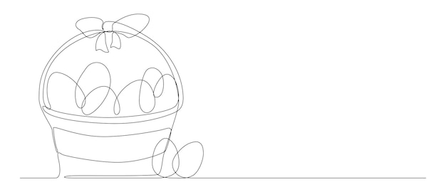 one continuous line of easter egg on the basket with ribbon art outline vector editable stroke