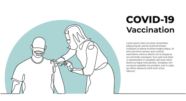 Vector one continuous line of a female doctor injecting vaccine to a man isolated on white background