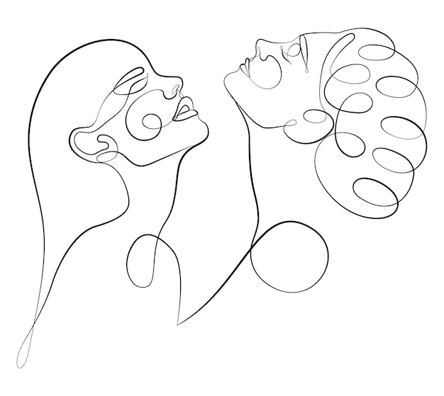 One Continuous Line Hand Drawing Two Faces Minimalism Trendy Style