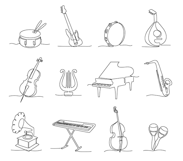 One continuous line musical instruments instrumental music different concert sounds icons hand drawn vector illustration set