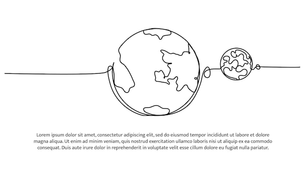 地球と月の1つの連続した線 ミニマリストのベクトルイラスト