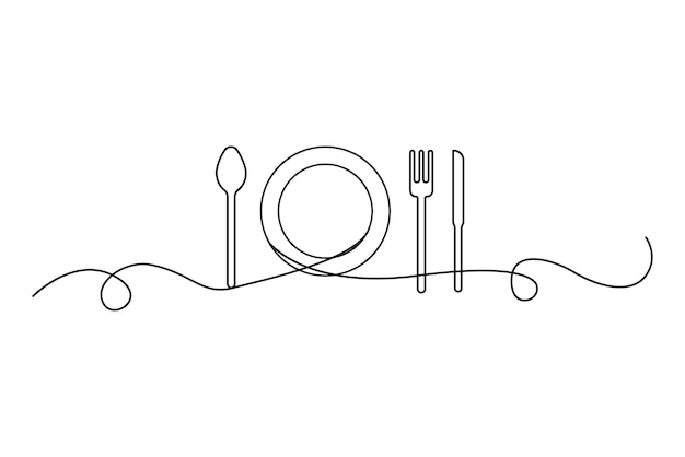 One continuous line of plate knife spoon and fork vector illustration eps 10 stock image