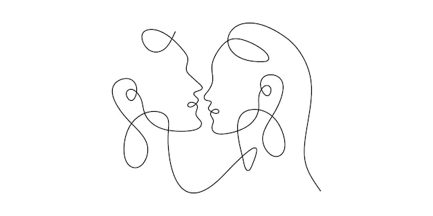 1つの連続した単一の描かれた線画キス愛のカップルキス男女