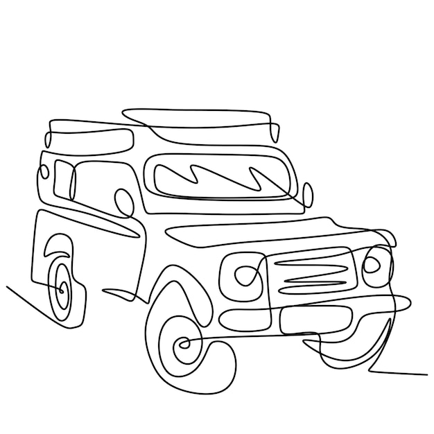 Una singola linea continua disegnata di jeep wrangler auto una jeep classica isolata su sfondo bianco avventura fuoristrada concetto di trasporto veicolo da rally design minimalista illustrazione vettoriale