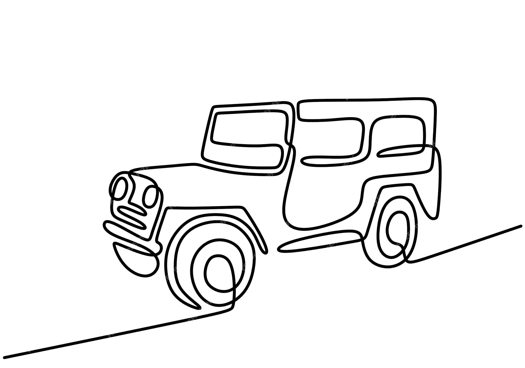 Single line drawing of tough 4x4 speed jeep wrangler car. Adventure offroad  rally vehicle transportation concept. One continuous line draw design Stock  Vector