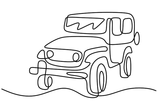 ジープラングラー車の1つの連続した単一の手描き線アドベンチャーオフロードラリー車両輸送の概念白い背景で隔離の古典的なジープベクトル図