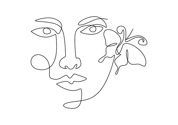 Одна сплошная линия абстрактной женщины и бабочки на белом фоне