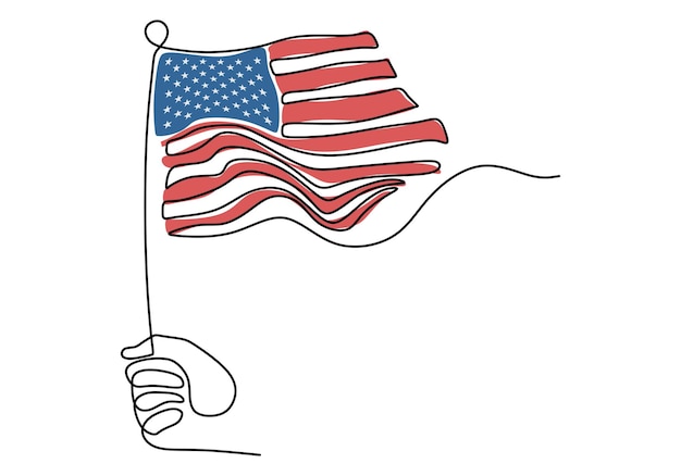 Один непрерывный однолинейный рисунок руки, держащей американский флаг