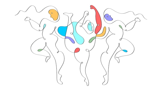 One continuous single line drawing of three woman dancing people picasso