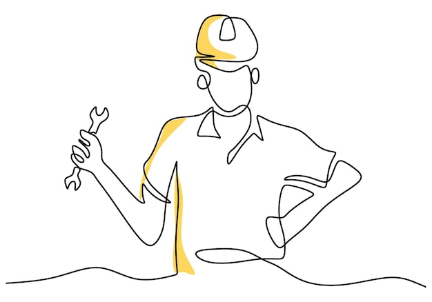 One continuous single line drawing of young man mechanic wearing hard hat and holding wrench set professional work job occupation minimalist concept happy labour day vector illustration