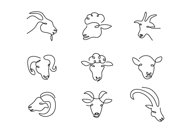Вектор Один непрерывный однолинейный ручной рисунок девяти голов козлиных овец, изолированных на белом фоне