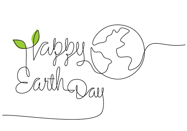 One continuous single line of happy earth day world isolated on white background