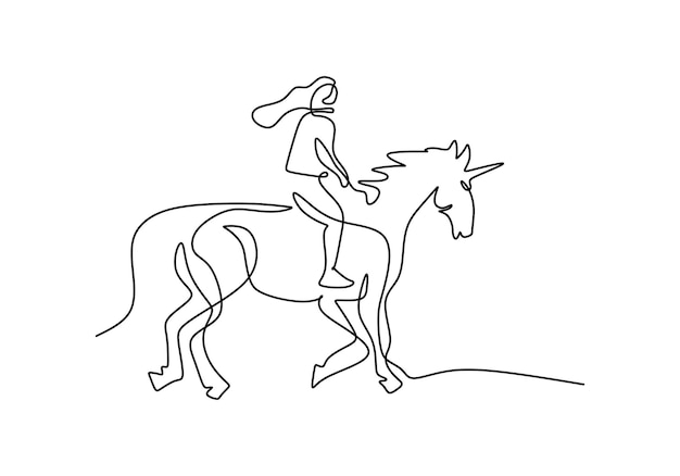 One continuous single line of man riding pegasus horse isolated on white background