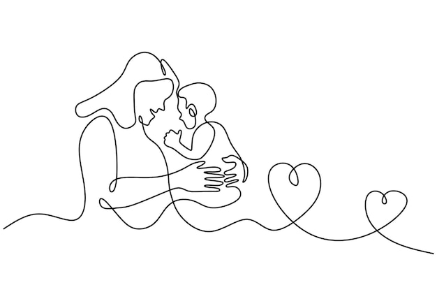 One continuous single line of mother carry her son for mother day isolated on white background