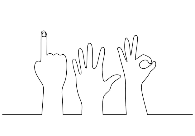 Вектор Одна непрерывная линия разнообразной позы рук изолирована на белом фоне