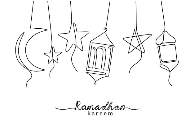 Vector one continuous single line of ramadan kareem word with hanging lantern and star isolated on white background