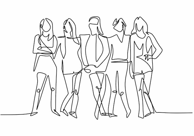 Vector one continuous single line of trendy businesswoman group isolated on white background