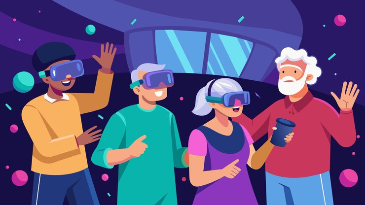 Vector in one corner of the room a of baby boomers excitedly experiment with virtual reality headsets
