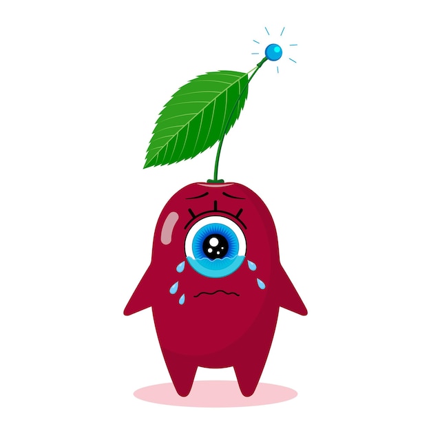 One-eyed cherry character. Isolated on a white background. Crying. Made in a vector. For children's textiles, prints, covers, packaging designs, souvenirs