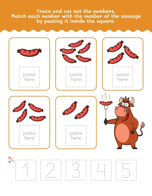 One To Five Number And Word Tracing Worksheet Cut And Paste Worksheet With Sausage Pictures Premium Vector Element