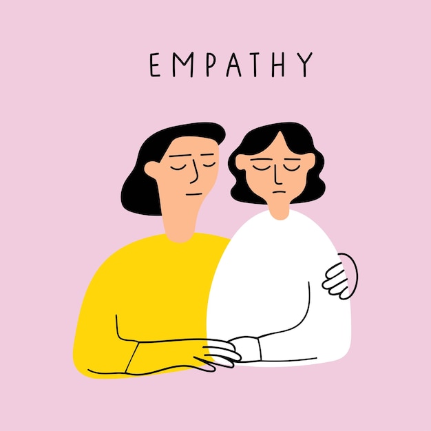 one girl support her friend. hand drawn vector illustration on pink background.