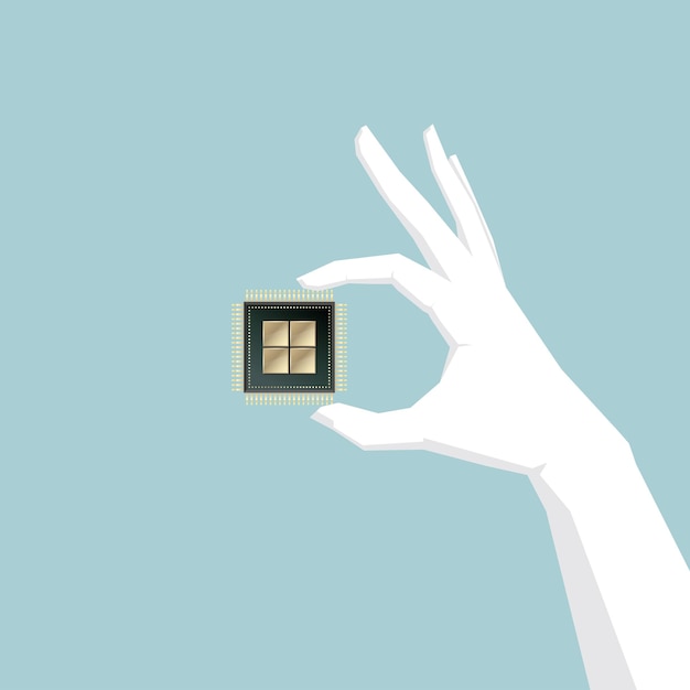 Vettore una mano che tiene la cpu, il chip del computer, la mano è bianca.