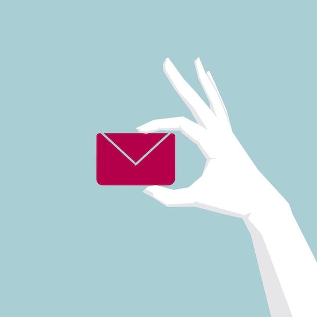 One hand holding email icon.The background is blue.