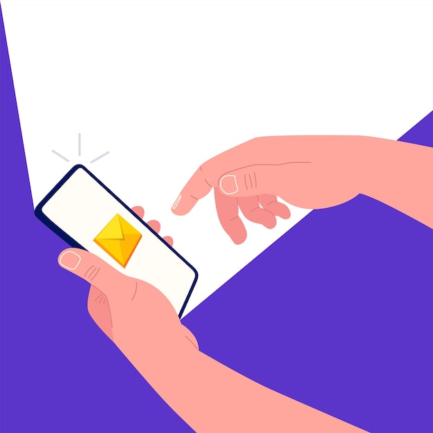 One hand holds a smartphone and the other touches the screen. New message on the smartphone screen. Vector illustration.