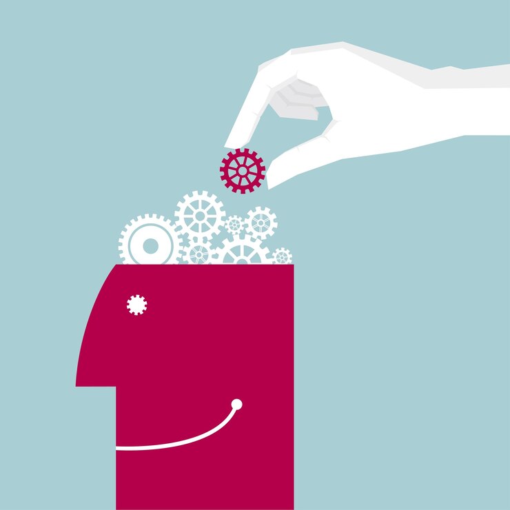 Vector one hand to repair mechanical parts,hand holding gear into the brain.