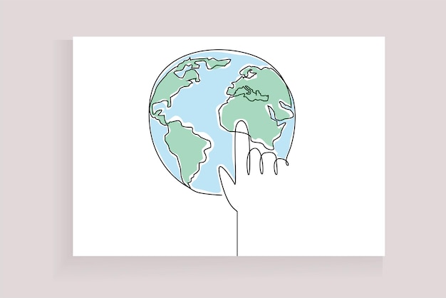 Vector one human hand index finger touching world globe earth map line art