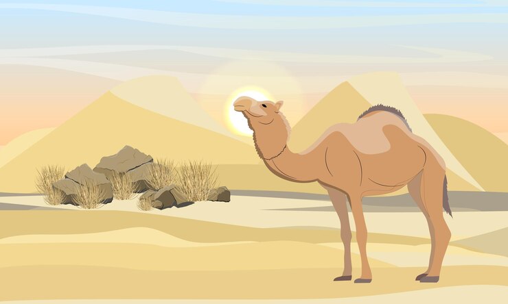 Vector one-humped camel in the desert with dunes, stones and dry grass. wildlife of africa