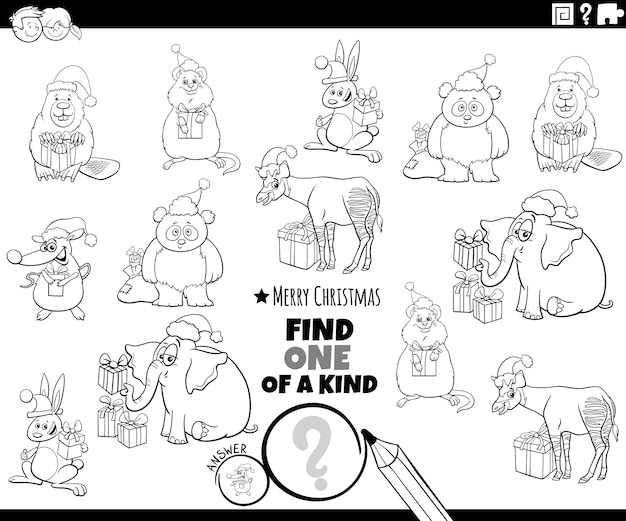 One of a kind game with animal on Christmas coloring page