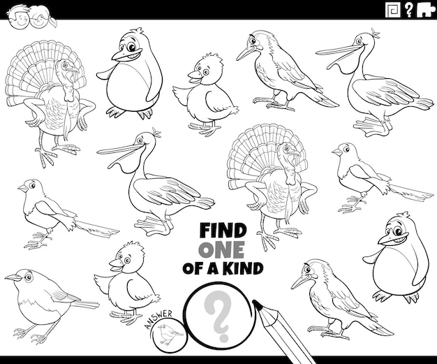 One of a kind game with cartoon birds coloring page