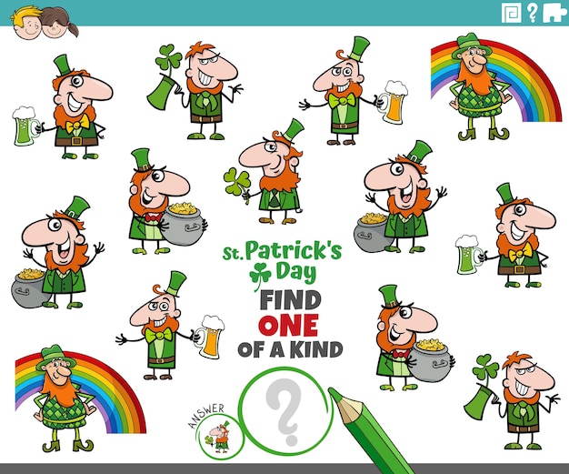 One of a kind game with cartoon Leprechauns coloring page