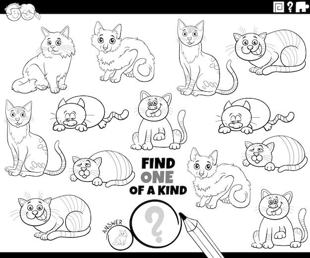 One of a kind game with comic cats coloring page