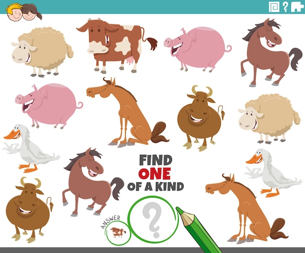 One of a kind task for children with cartoon farm animals