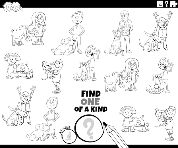 One of a kind task with cartoon kids and dogs coloring page