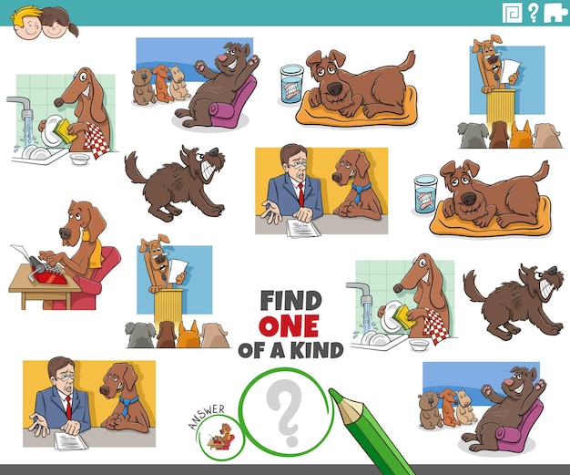 One of a kind task with funny cartoon dogs