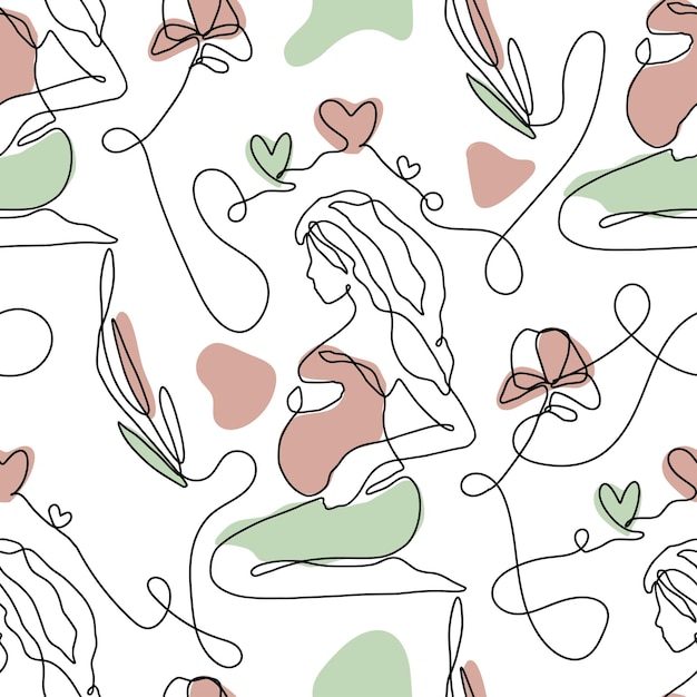 One line abstract pregnant woman seamless pattern