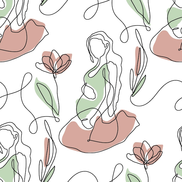 Vector one line abstract pregnant woman seamless pattern