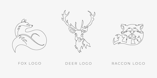 Vector one line animals logo fox deer raccon