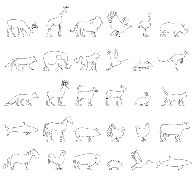 One line animals set logos vector stock illustration Turkey and cow pig and eagle giraffe and horse dog and cat fox and wolf dolphin and shark deer and elephant stork and chicken