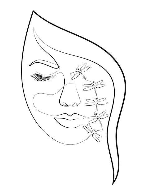 One Line Art Drawing Of Woman's Face with Dragonflies on Her Face