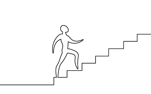 一人の線画家が階段を上る。チームワークのキャリアの進歩を成功させるための道。連続線ジョブエイムリーダーチャレンジコンセプトベクトルイラスト。
