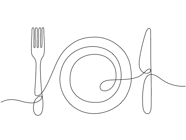 Una linea artistica piatto coltello forchetta disegno contorno continuo decorazione per bar o cucina ristorante o menu posate illustrazione vettoriale piatto disegno contorno con contorno stoviglie