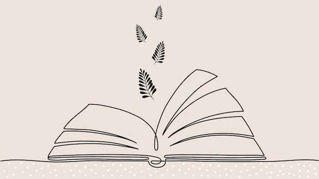 한 줄 책 디자인 열린 노트북 및 비행 잎 또는 가지 실루엣 학교 교육 온라인 도서관 읽기 벡터 개념 단순 유행 배경